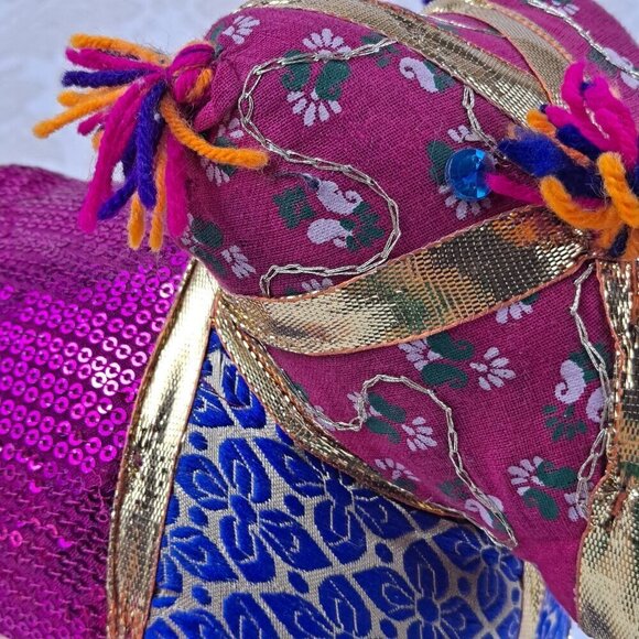 Pair of Fabric Elephants Free Standing Pink Orange Gold Sequins  Beads Tassels - Picture 8 of 15